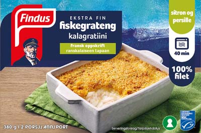 Fransk Fiskegrateng pakke fra Findus. Mye fisk, uten melk.