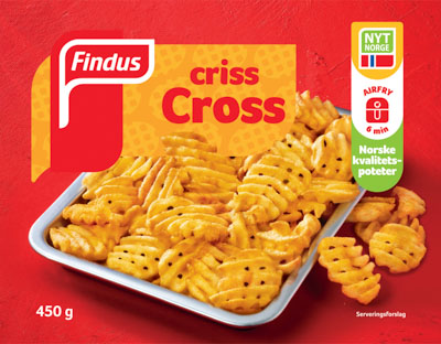 Criss Cross - potetstaver i rutemønster; pakningsbilde Findus Farm