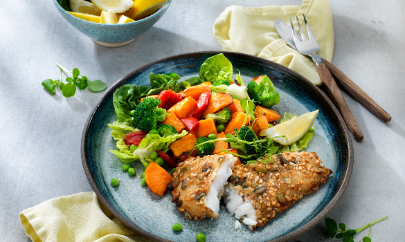 Ovnsbakt søtpotet med sprødbakt fiskefilet