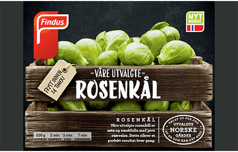våre utvalgte rosenkål, pakningsbilde Findus med Nyt Norge merke