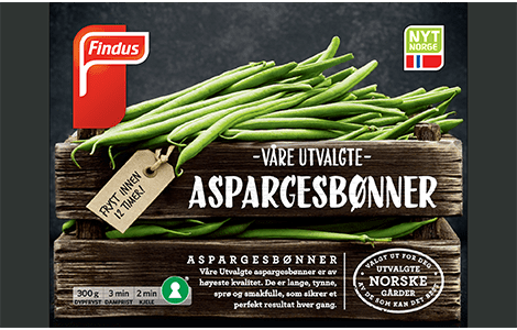Aspargesbønner fra Findus, pakke merket med Nyt Norge og Nøkkelhull