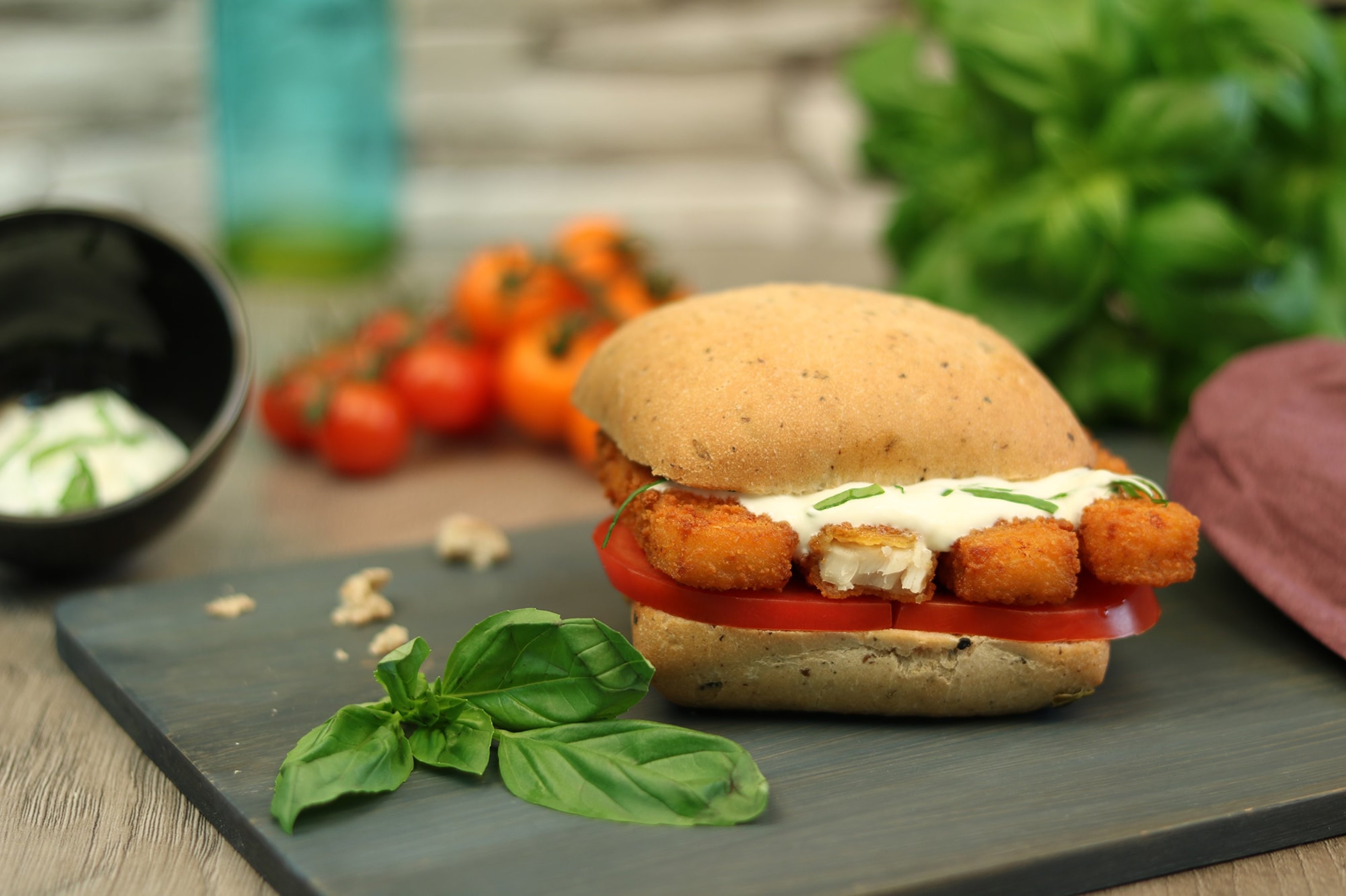 Fish fingers in a olive roll with a yogurt  Basil dipmin.JPG